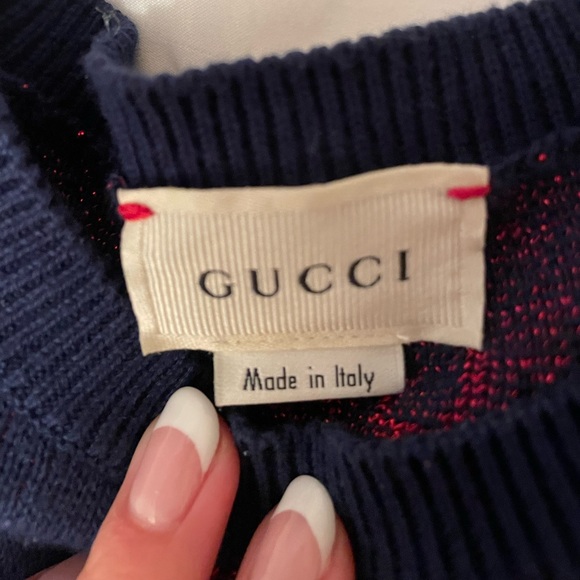 GUCCI GG Print Wool Sweater Boys Girls 3T 4T Navy Red - Picture 4 of 6